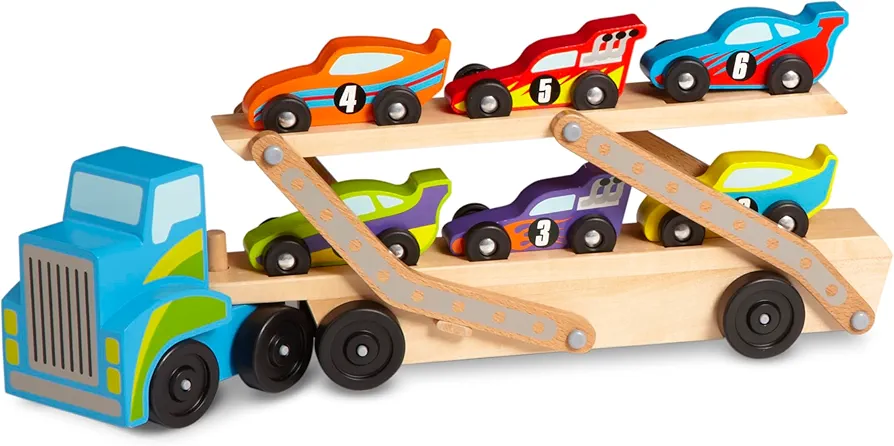 Melissa & Doug Mega Race-Car Carrier - Wooden Tractor and Trailer With 6 Unique Race Cars