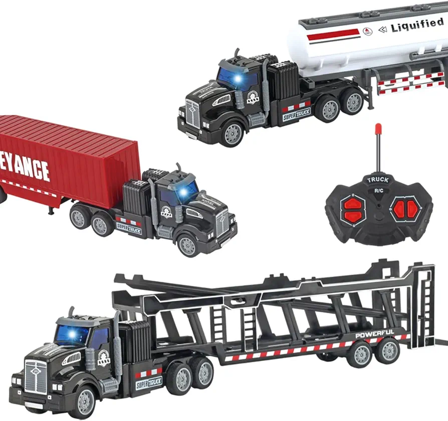 Remote Control Truck, 14" 1:48 mini Truck Toy, equipped with 2 Rechargeable Batteries, Semi-Trailers include Car Carriers, Tank Trucks and Container Trucks,Gifts Ideas for Boys Age 3-8 Year Old