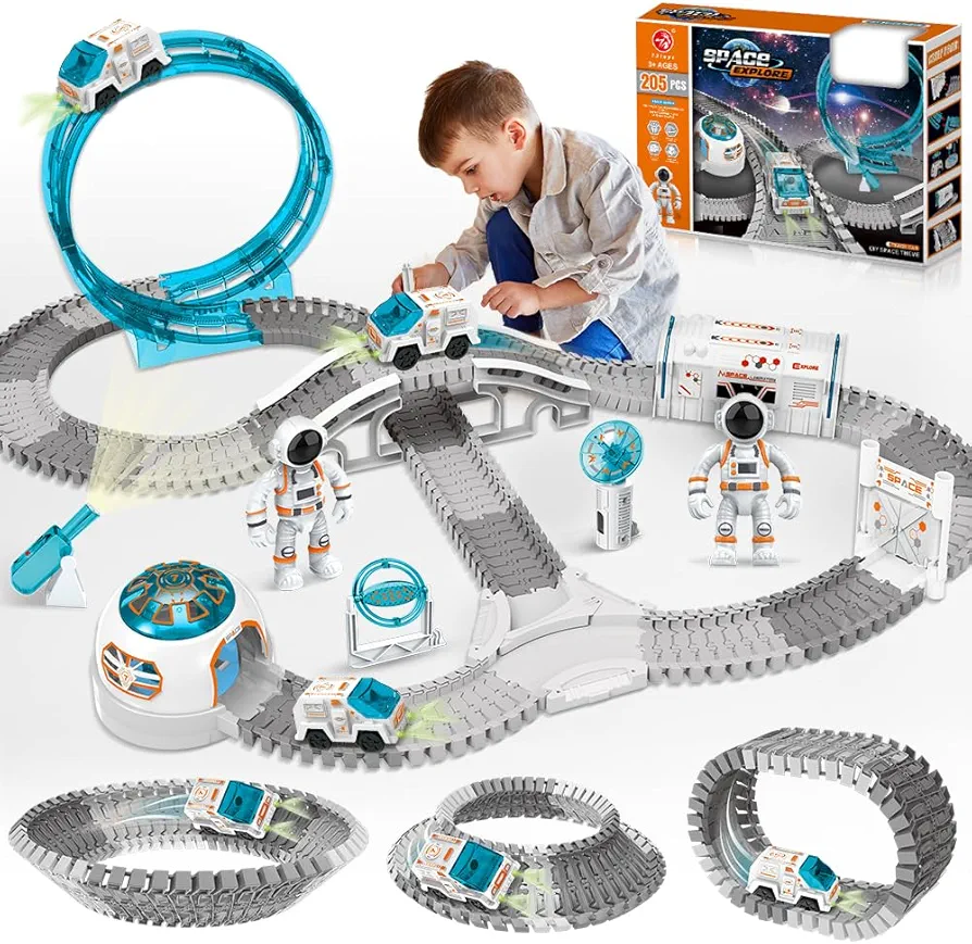 VATOS 205 PCS Track Toys, Create A Space for Boys Girls 3 4 5 6 7 9 Year, DIY Race Car Bendable Flexible Playset with Projector & 2pcs Astronaut, Space Train Set STEM Educational Birthday Easter Gifts