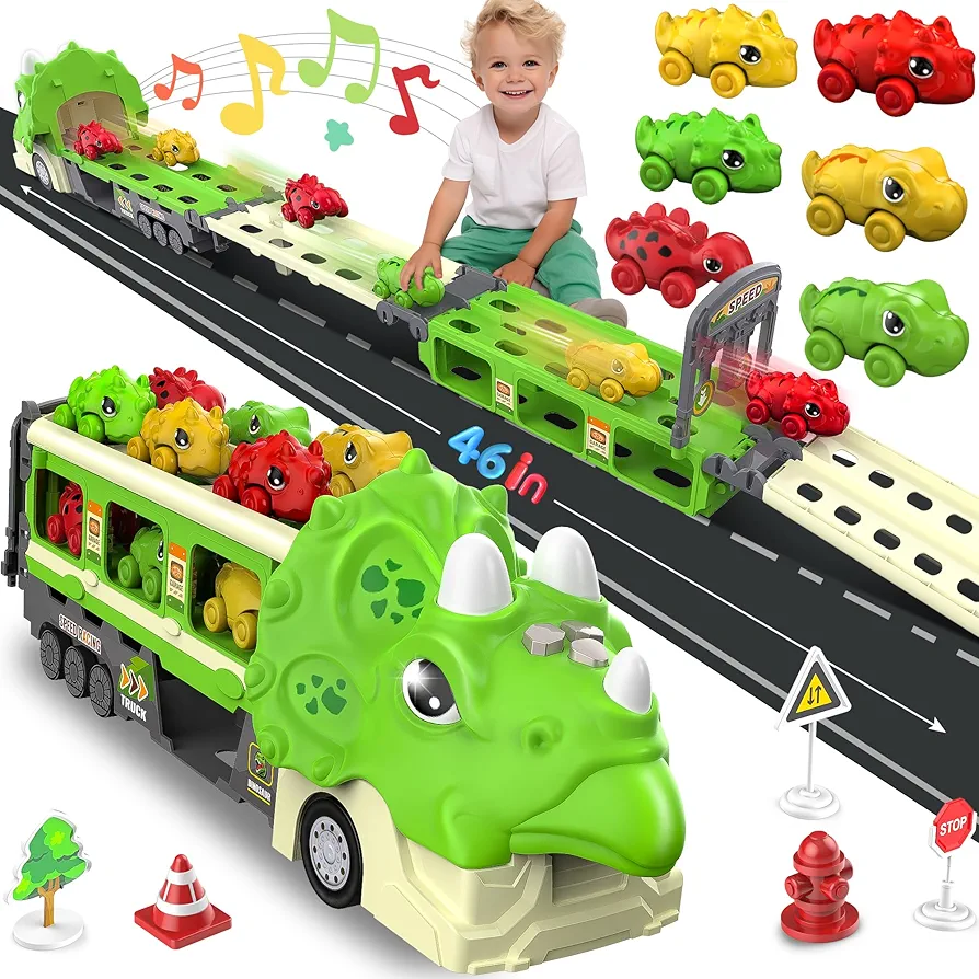 Hot Bee Toddler Car Toys for 2 3 4 5 6 Year Old Boy Birthday Gifts, Foldable Ejection Race Track Dinosaur Toy Cars for Toddlers 2-4 3-5 Toy Trucks w/Sound, 6 Dino Cars & 12 Road Signs, Toys for Boys