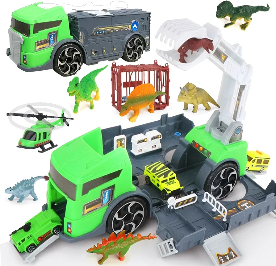 Dear Deer Dinosaur Truck Toys for Kids 3-5, Dinosaur Cars Set, with Mini Cars and Helicopter Toy for Boys and Girls, Capture Escape Play Set for Toddlers Age 3 4 5 6 7 8 Years Old