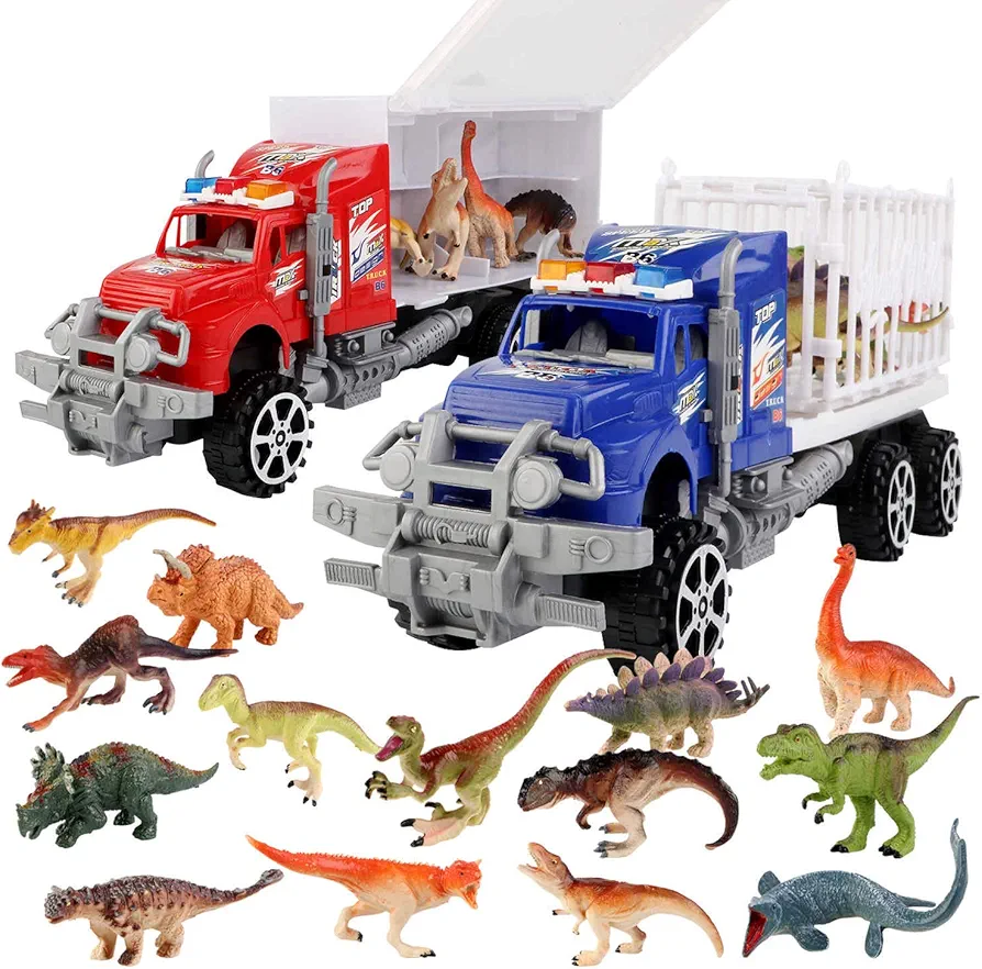 2-Pack Dinosaur Truck Carriers with 14pcs Dinosaur Toys and Play Mat,Dinosaurs car playset Toys for 3-12 Years Old Boys Girls Kids