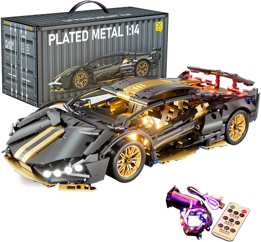 Sport Race Car Building Block Sets for Adults Boys,Black Racing Supercar Toys Kits with LED Light Collectible 1:14 MOC Model Construction Birthday Gifts for Teens Age 8-12 12-16,14 14+(918 PCS)