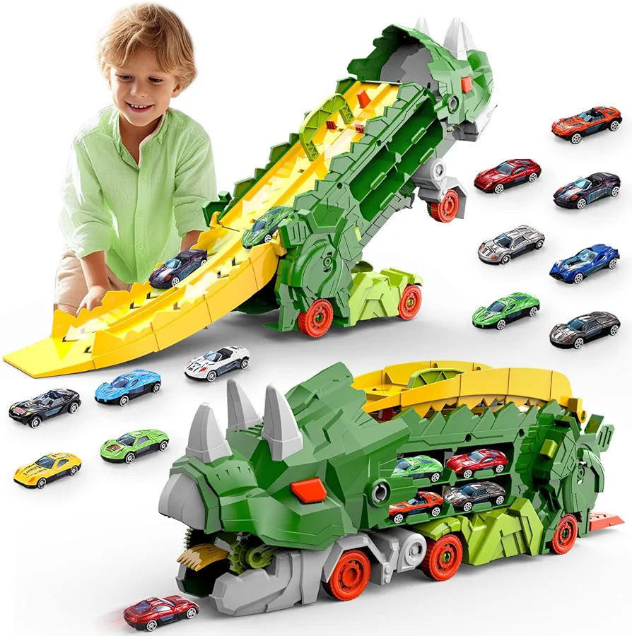 Dinosaur Truck Toys for Kids, Transforms into Triceratops with Race Track Set, Ultimate City Dinosaur Transporter Hauler with 4 Cars, Birthday Gifts Toys for Boys 3 4 5 6 7 8 Years Old Green