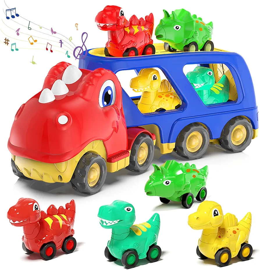 Toddler Car Toy for 2 3 4 5 Years Old, Dinosaur Transport Carrier Truck with 4 Pack Small Pull Back Dino Car, Friction Power Vehicle Christmas Birthday Gift for 18M+ Kids Boys Girls