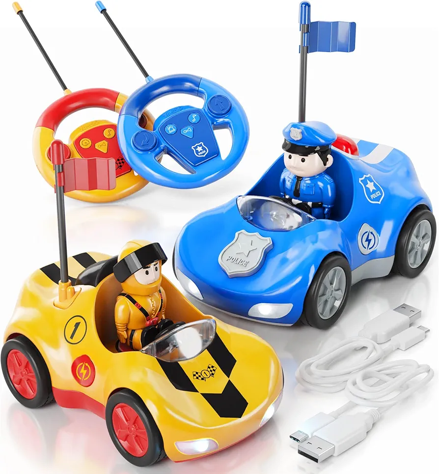 Rechargeable Remote Control Cartoon Cars for Little Kids, 2 Pack Police & Race RC Car - Toys for 3 4 5 6 Year Old Boy - Easter Gifts for Boys Ages 3-6, Birthday Toy Gift Ideas for Toddler