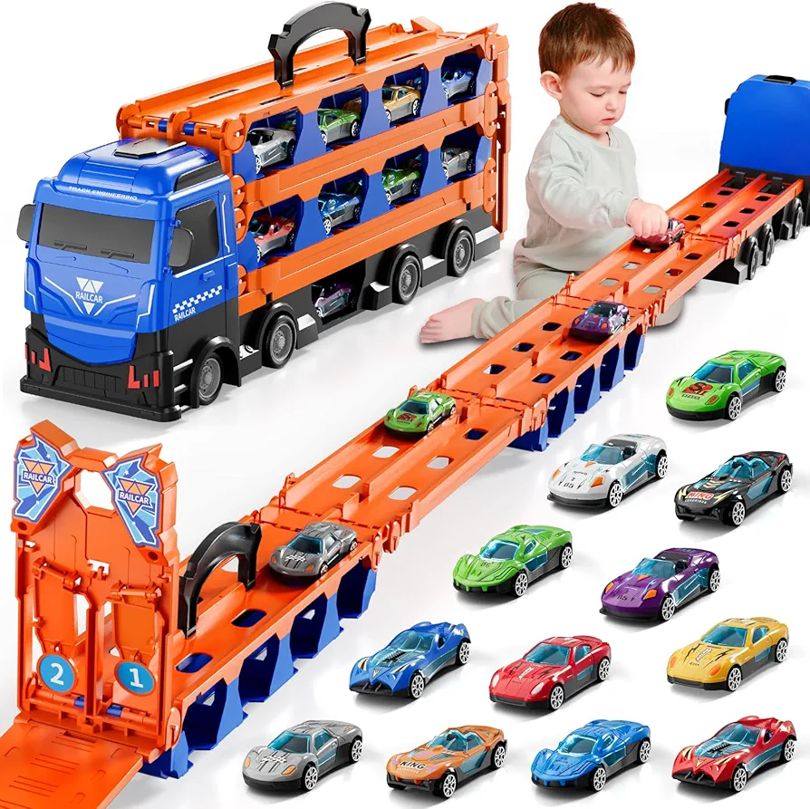 Race Track and Toy Trucks with 12 Race Cars for 3+ Years Old Boys Girls, Big Hauler Transporter Truck Toy Set with 2 Ejection Race Track, 16.9 inch Transport Truck Kids Toys for Ages 5-7