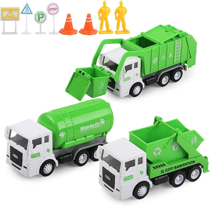 Toy Vehicles Set 3 Pack Sanitation Truck Car Model Garbage Trucks Water Tanker Playset with 8 Signpost Friction Power for Boys Age 3+ Toddlers Kids Holiday Birthday Gift Children