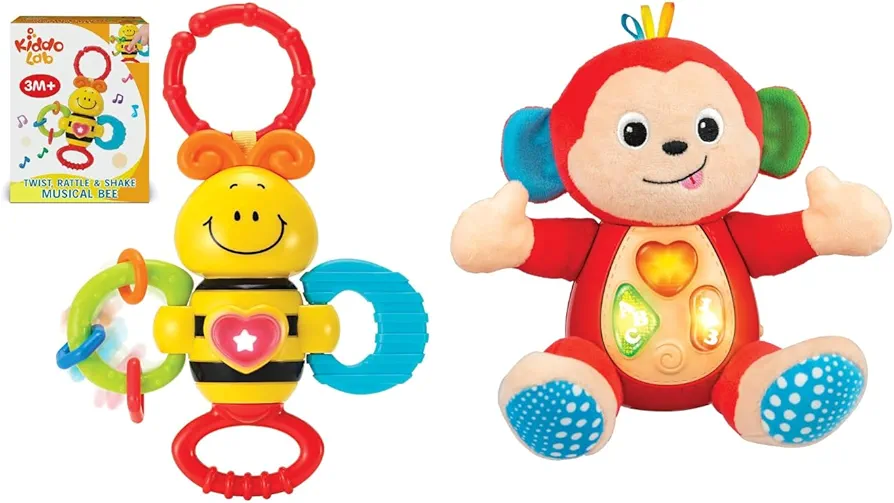 KiddoLab Play & Learn Bundle: Twist & Rattle Musical Bee Toy with Teething Ring & Melodic Monkey Plush - Interactive Toys for Babies 3 Months & Up.