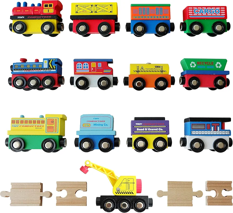 12 Wooden Train Cars, 1 Bonus Crane, 4 Connectors, Locomotive Tank Engines and Wagons for Toy Train Tracks, Compatible with Thomas Wood Toy Railroad Set