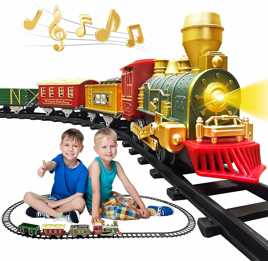 Train Set - Christmas Train Toys, Battery-Powered Locomotive Engine with Sound and Lights, Cargo Cars & 10 Tracks, Toy Train Sets for Boys Age 2 3 4 5 6