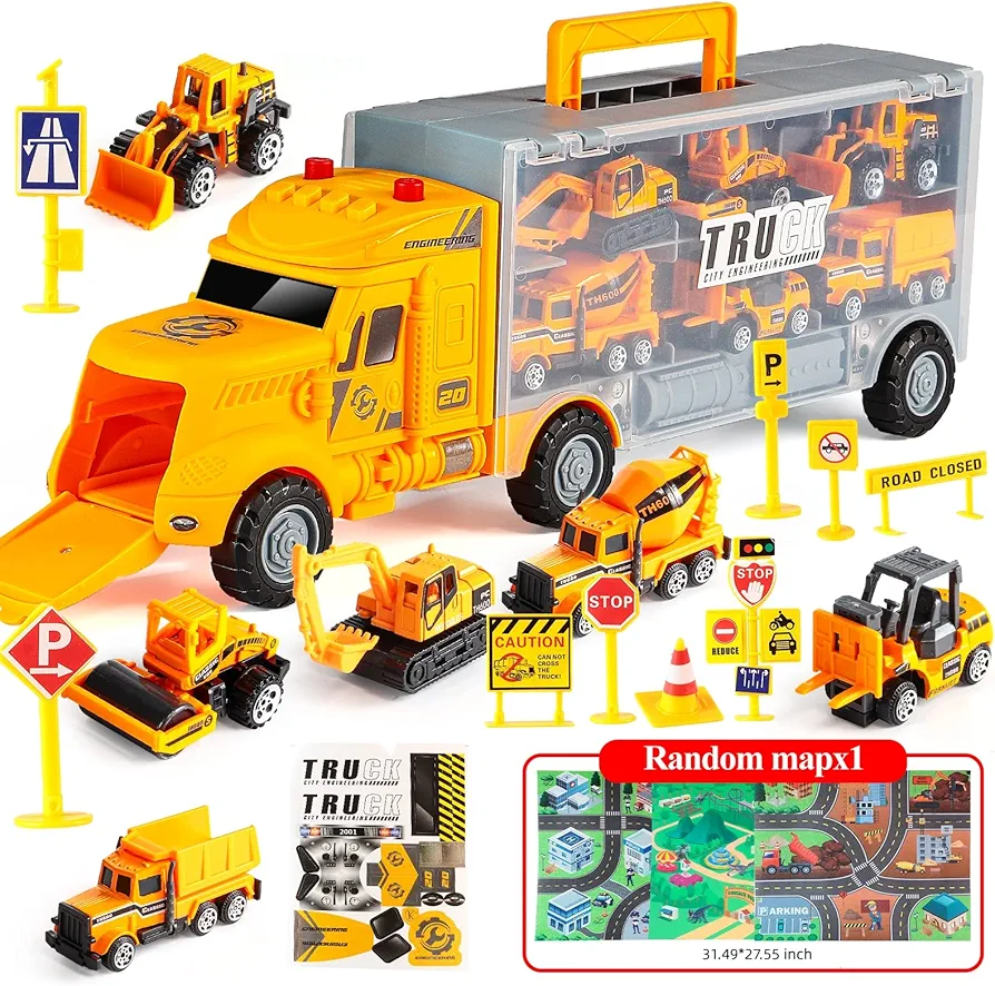 18 in 1 Yellow Construction Toys Set with a Play Mat, Car Carrier Truck Toy for 3 Year Old Boys, Alloy Metal Car Transporter Storage Truck Kids Toy for Toddlers Kids Boys & Girls (Construction Truck)