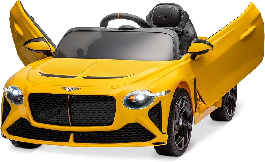 Kidzone 12V Licensed Bentley Bacalar Ride on Car Kids Battery Powered Electric Vehicle Toy w/Parent Remote Control, 3 Speeds, Spring Suspension, LED Lights, Horn, Radio, AUX Port - Yellow