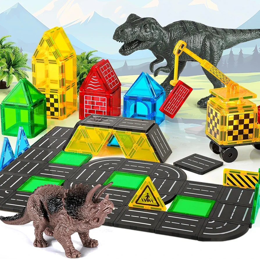 Magnetic Tiles Road Building Blocks - Magnet Crane Car Set for Kids Ages 3-5 4-8 5-7 Preschool City Construction Kids Games Dinosaur Toddler Toys for 3+ Year Old Boys Girls Christmas Birthday Gifts