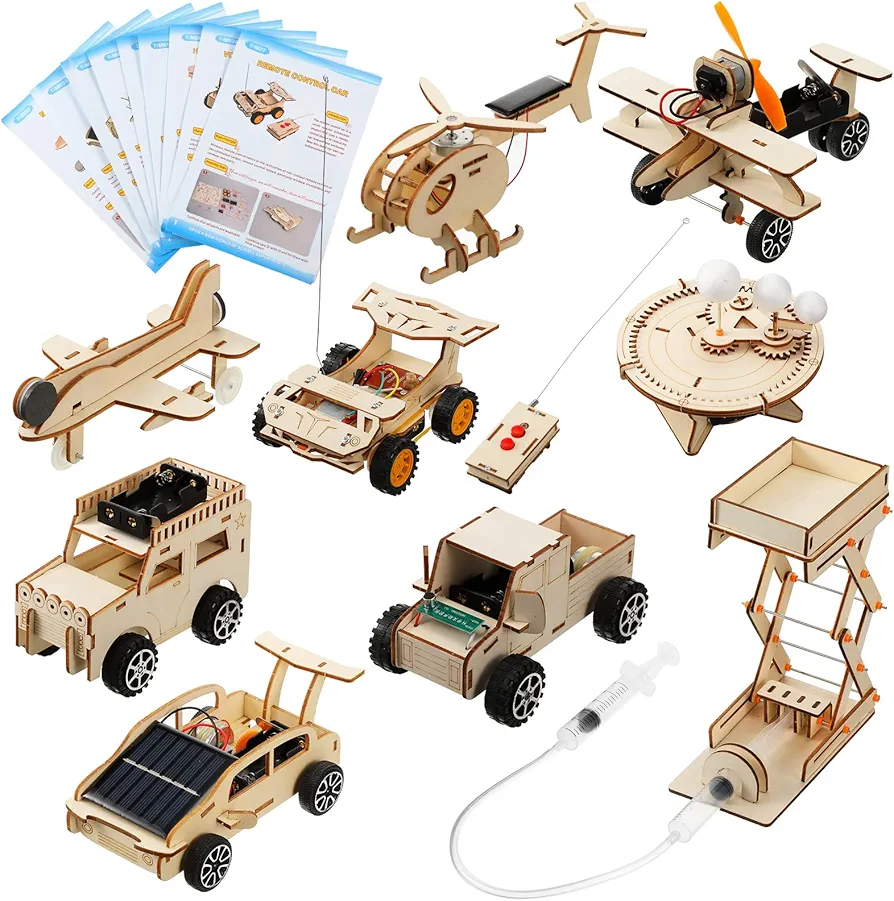 9 in 1 STEM Kits, Wooden Car Model Kit for Boys to Build, Science Experiment Projects for Age 12+, 3D Wood Puzzle, Science Educational Craft DIY Building Kit, Assemble Woodworking Gift Toys