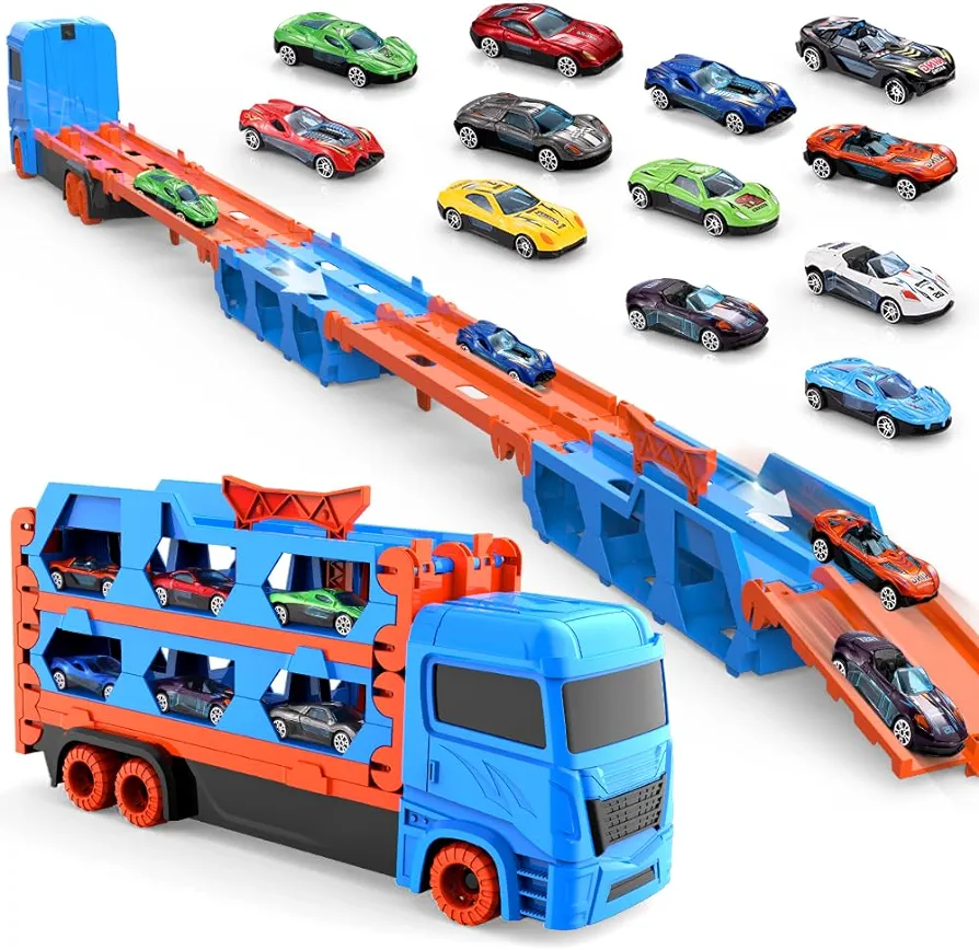 Transport Truck Toy for Kid, 61-Inch Dual Race Track and Eject Car, 12 Metal Cars and Foldable Storage Carrier Truck Set, Toddler Car Toys Gift for 2 3 4 5 6+ Years Old Boys and Girls (Blue)