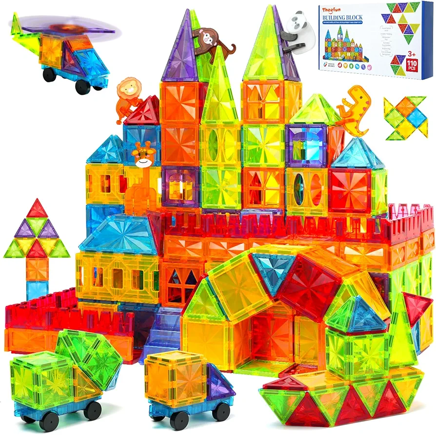 Magnetic Tiles 110PCS 3D Magnet Tiles Kids Magnet Building Blocks with 2 Cars STEM Educational Magnet Toy Set Construction Playboards Toys Gifts for Boys Girls Toddlers 3 4 5 6 7 8 9 Year Old