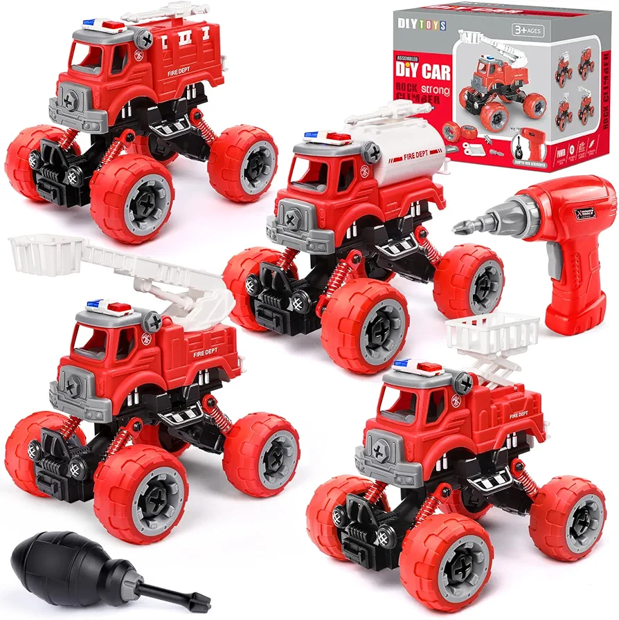 4PCS Take Apart Fire Truck Toys for 4 Year Old Boys Girls Kids Construction Truck Toddler Boys Toys 3 4 5 6 Year Old Boy Birthday Gift Firetruck Toys DIY Assembly Educational Stem Building Toys