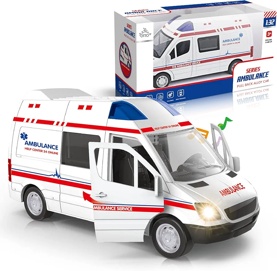 Otto Ambulance, Pull-Back Metal Strong Ambulance, Doors Open & Close, Lights & Sirens, Interactive Kids Toy - for Boys & Girls Age 3 and Up