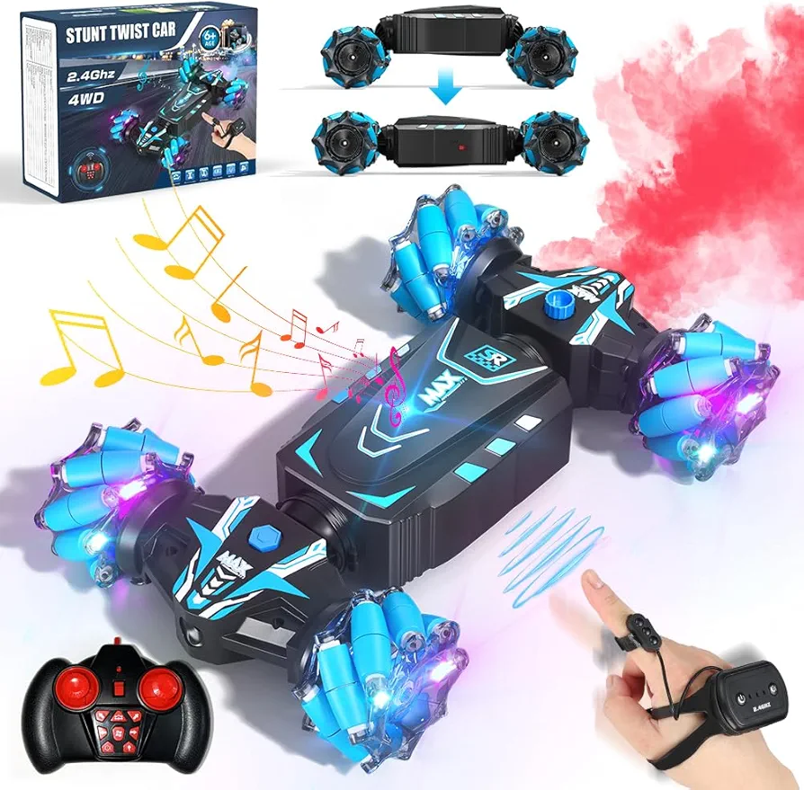 Axirata Remote Control Car Hand Controlled Gesture RC Stunt Car with Spray & Lights & Music for Kids 6-13 Year Old, 4WD 2.4GHz Off-Road 360° Rotation Toy Car Gift for Boys Girls