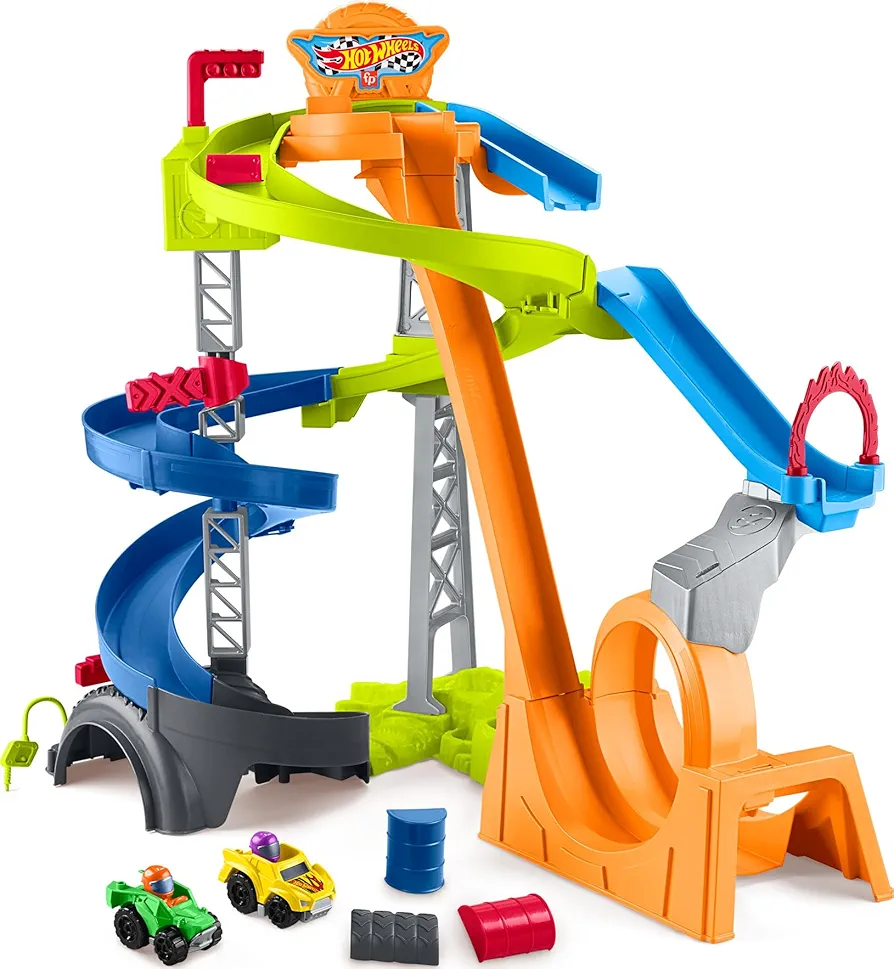 Fisher-Price Little People Toddler Toy Hot Wheels Spiral Stunt Speedway Race Track Playset with 2 Toy Cars for Kids Ages 18+ Months