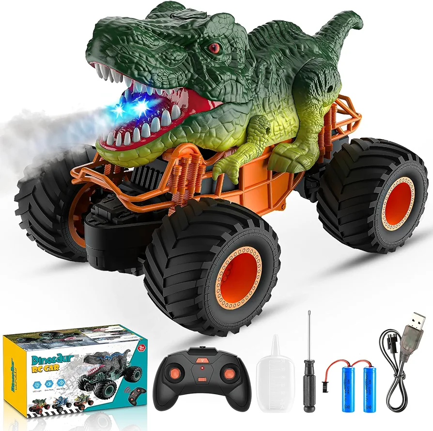 Dinosaur Toys for Boys, Dinosaur Remote Control Cars, 1:16 RC Cars Scale Monster Truck Toys with Spray, Roar Sound & Lights, Dinosaur Toys for 3 4 5 6 7 8 9 Year Old Boys Girls, Toys Cars (Green)