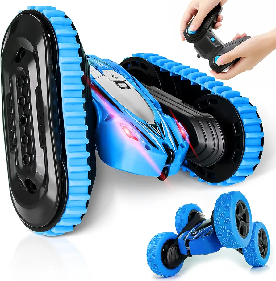 2-in-1 Remote Control Car, Rechargeable Remote Control Crawler for Kids Age 3 Years and up, Changeable Wheels, Double-Side 360° Flips, LED Headlights, Fast Stunt Toy Race Cars for Toddlers-Blue