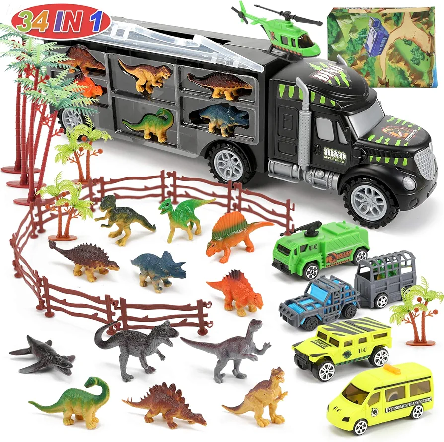 34 in 1 Dinosaurs Truck, Dino Transport Car Carrier Truck Toy with 12 Mini Dinosaur Figures and 4 Cars, Dino Park Toy Chritsmas Gift for 3+ Year Old Boys and Toddlers