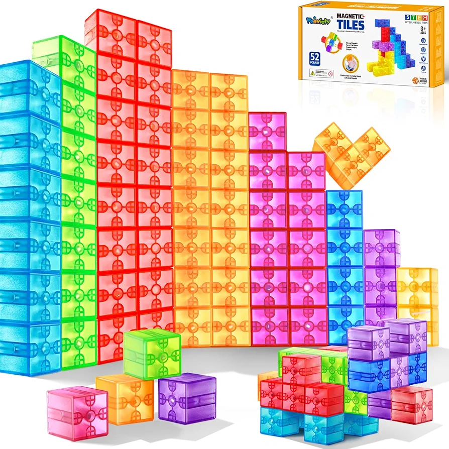 52pcs Magnetic Blocks - Translucent Magnetic Cubes, Digit Building Blocks Magnet Toys for Kids, Clear Montessori Toddler Toys Ages 3+, Preschool STEM Sensory Autism Toys for Boys Girls