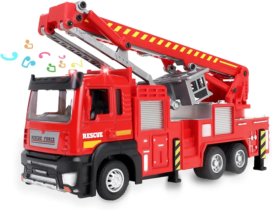 CORPER TOYS Fire Truck Toy, 1:32 Firetruck Toy for Kids Extending Ladder Sound and Light Pull Back Alloy Toddler Truck Boys Girls Car Toy Die-cast Vehicle