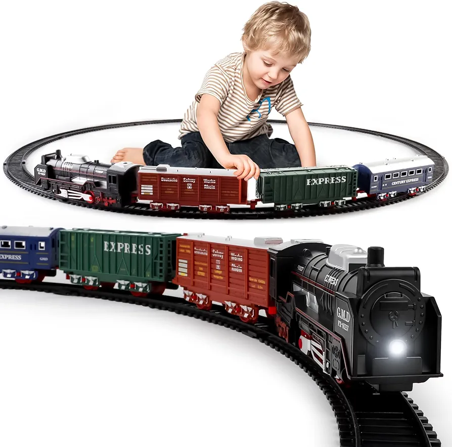 deAO Christmas Train Set Toys for Kids, Toy Train Track Locomotive Engine Battery Powered Railway Kits with Road Signs and Tracks Birthdays for Age 3 4 5 6 7