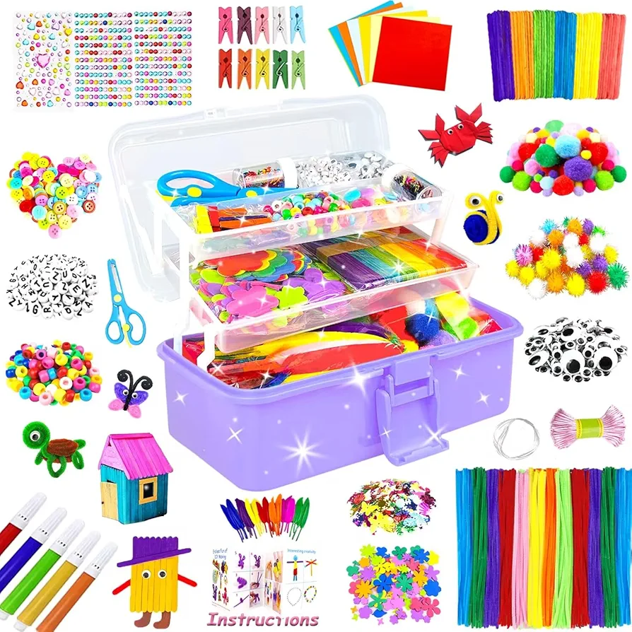 3000 Arts and Crafts Supplies for Kids Craft Kit All in 3 Layered Craft Box with Pipe Cleaners Crafts for Kids Age 4-6, 6-8, 8-12 DIY School Supplies Materials Set Toys Gifts for Girls Boys, Purple