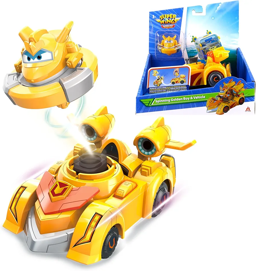 Alpha Group Super Wings Golden Boy Spinning Battling Tops & Cars Toys, Yellow Car Toys for Kids Age 3+, Little People Race Toy Cars for boys and Girls, Best Gifts for Kids Boys Girls