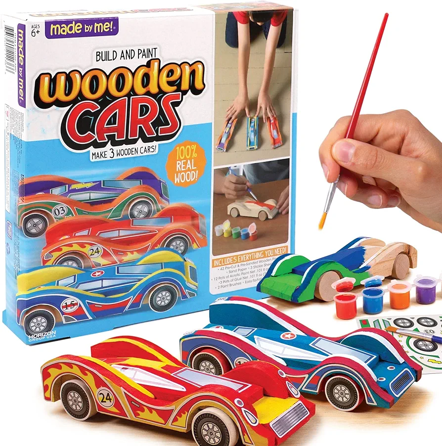 Made By Me Build & Paint Your Own Wooden Cars by Horizon Group USA, DIY Wood Craft Kit, Easy to Assemble & Paint 3 Race Cars, Multicolored