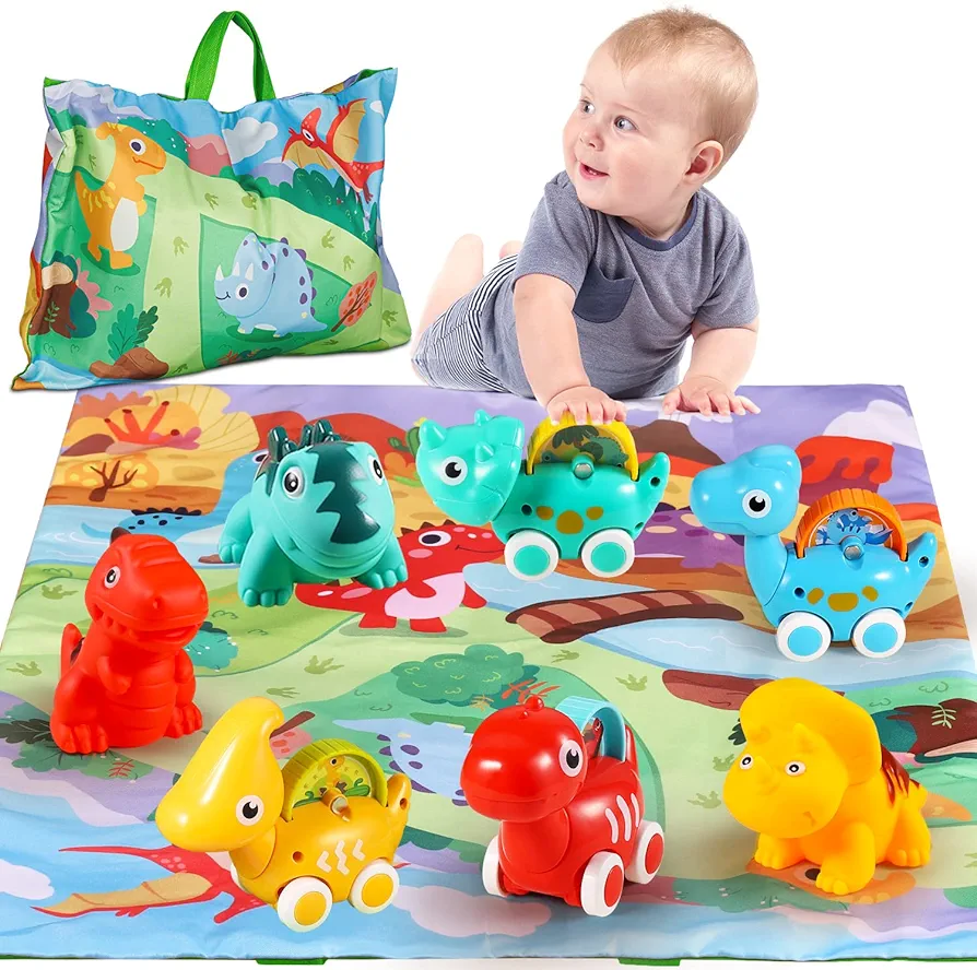 ALASOU 7 PCS Dinosaur Fantastic Creatures Toys with Playmat/Storage Bag|Baby Car Toys for 1 Year Old Boy|1st Birthday Gifts for Toddler Toys Age 1-2|1 Year Old Boy Birthday Gift for Infant Toddlers